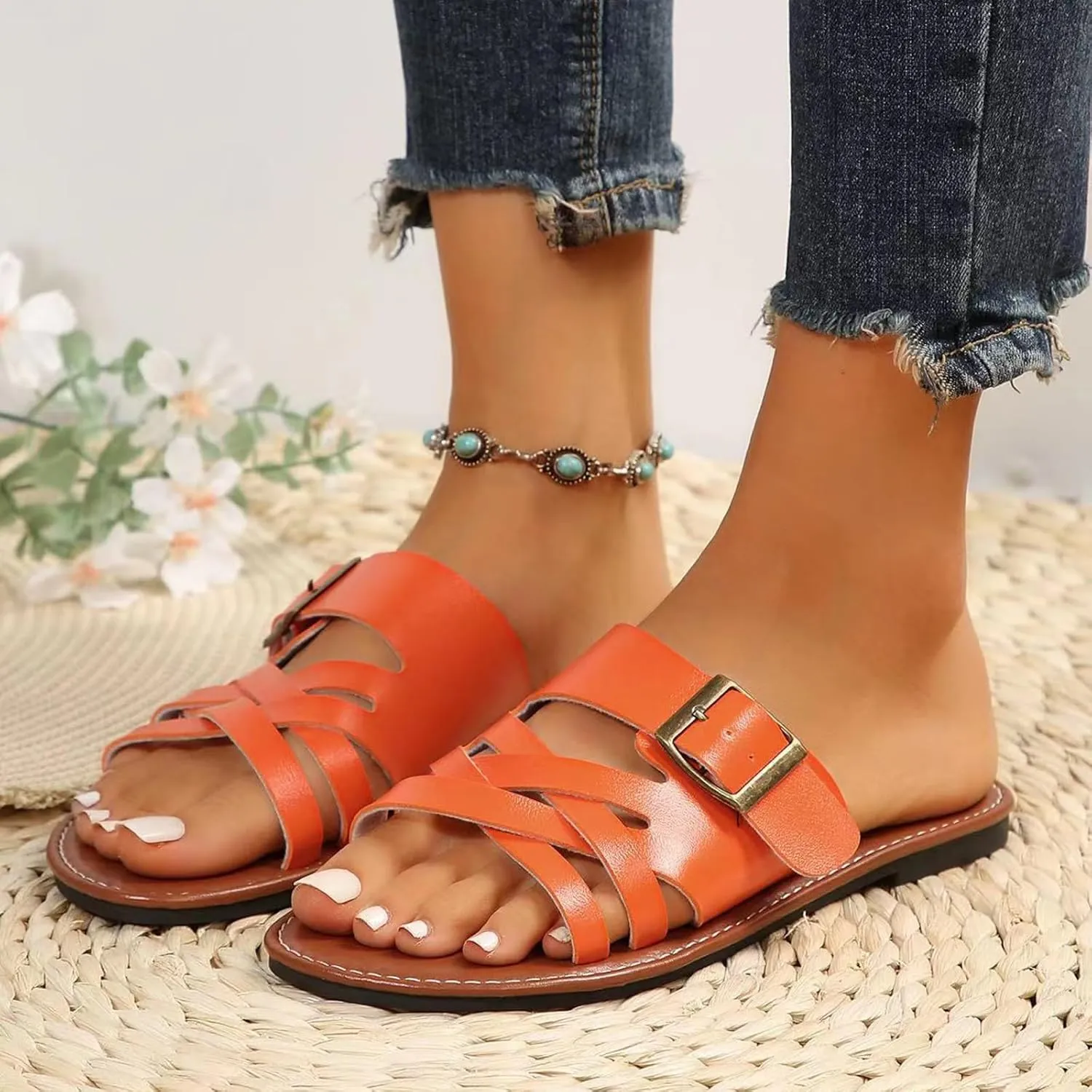 Womens Sandals Comfortable Wide Leather Crisscross Summer Square Toe Flat Slide Sandals