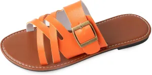 Womens Sandals Comfortable Wide Leather Crisscross Summer Square Toe Flat Slide Sandals