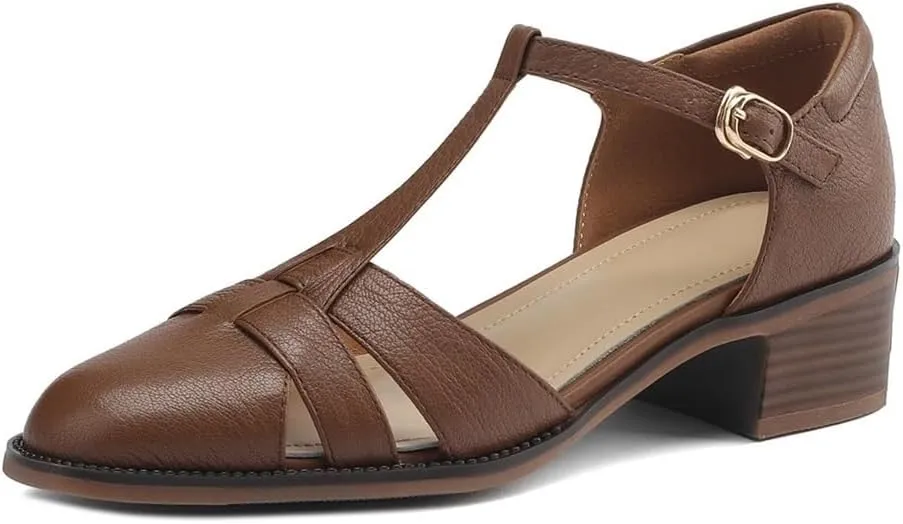 Womens Sandals First layer of sheepskin soft leather soft sole sandals thick heel retro style comfortable women's sandals