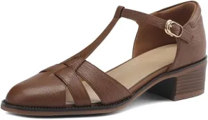 Womens Sandals First layer of sheepskin soft leather soft sole sandals thick heel retro style comfortable women's sandals