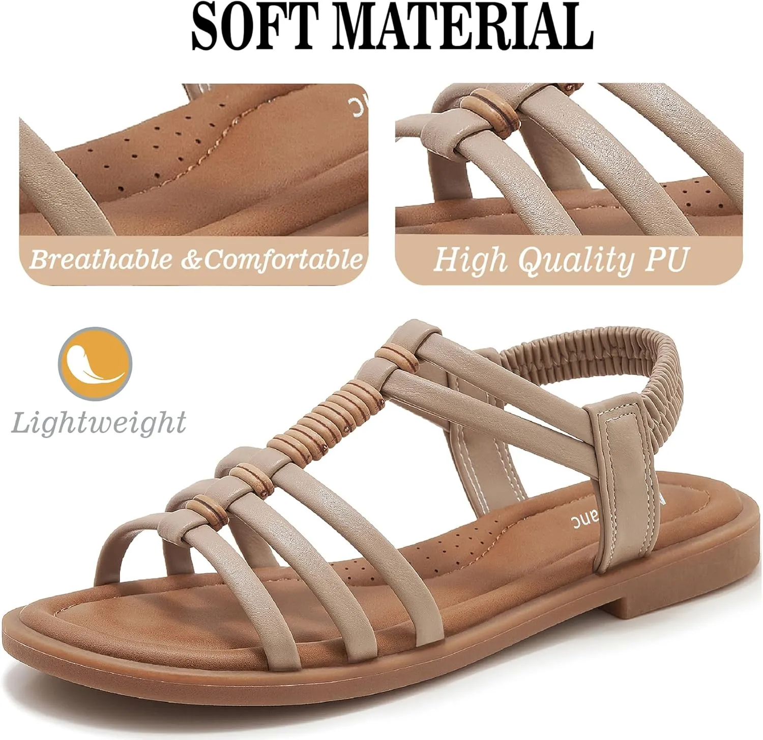 Womens Sandals Flats Shoes - Comfortable Summer Dressy Casual Ankle Elastic Slip on Walking Beach Sandal