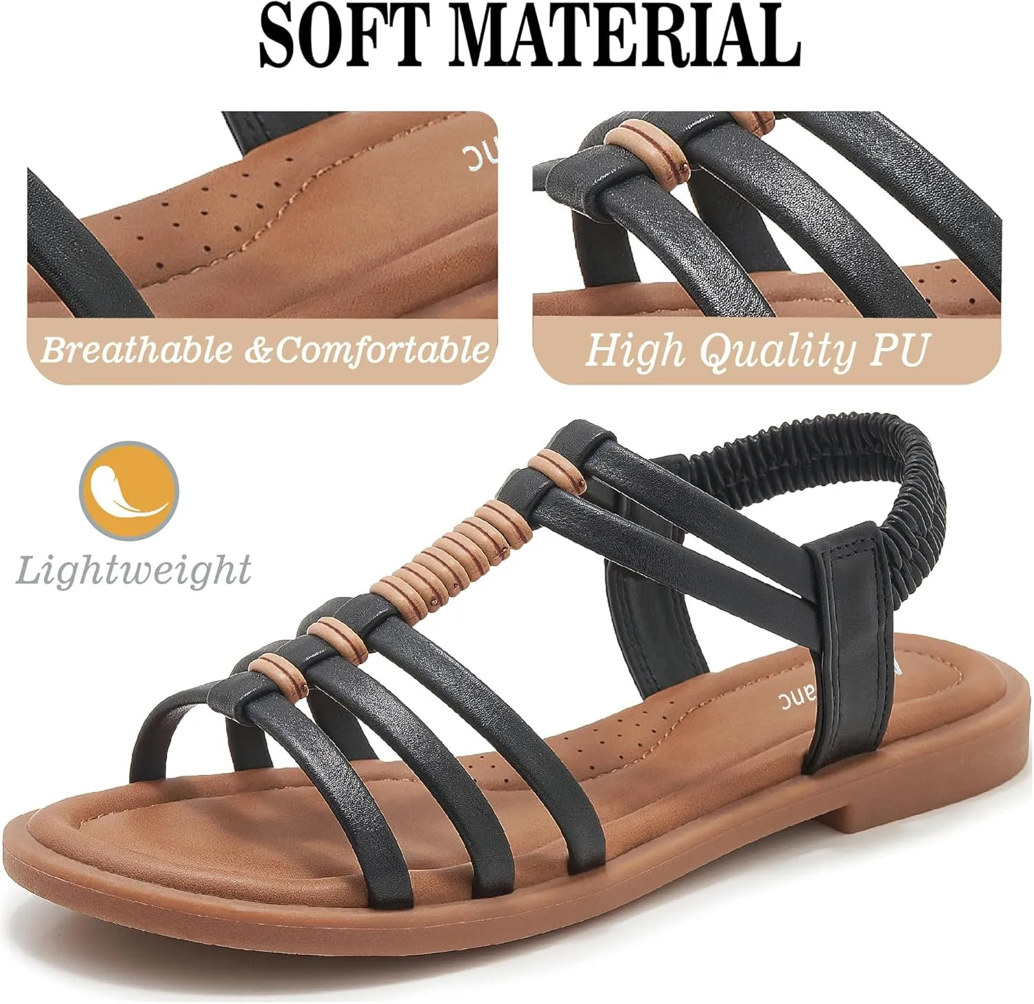 Womens Sandals Flats Shoes - Comfortable Summer Dressy Casual Ankle Elastic Slip on Walking Beach Sandal