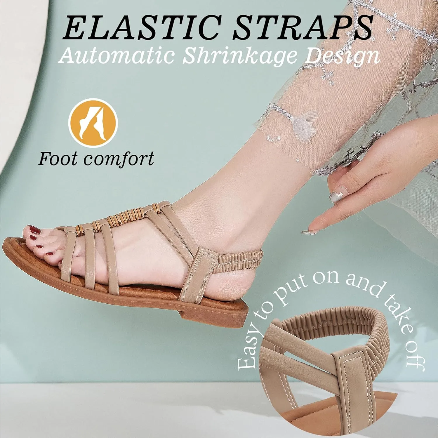 Womens Sandals Flats Shoes - Comfortable Summer Dressy Casual Ankle Elastic Slip on Walking Beach Sandal