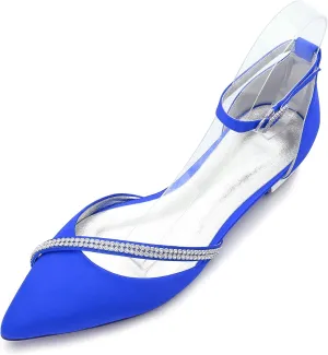Women's Satin Ankle Strap Cross Strap Side Rhinestone Flat Ballet Pumps Pointed Toe Evening Party Wedding Bridal Shoes Sandals