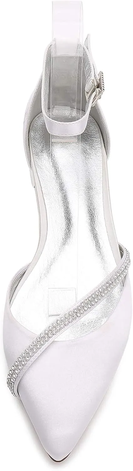 Women's Satin Ankle Strap Cross Strap Side Rhinestone Flat Ballet Pumps Pointed Toe Evening Party Wedding Bridal Shoes Sandals