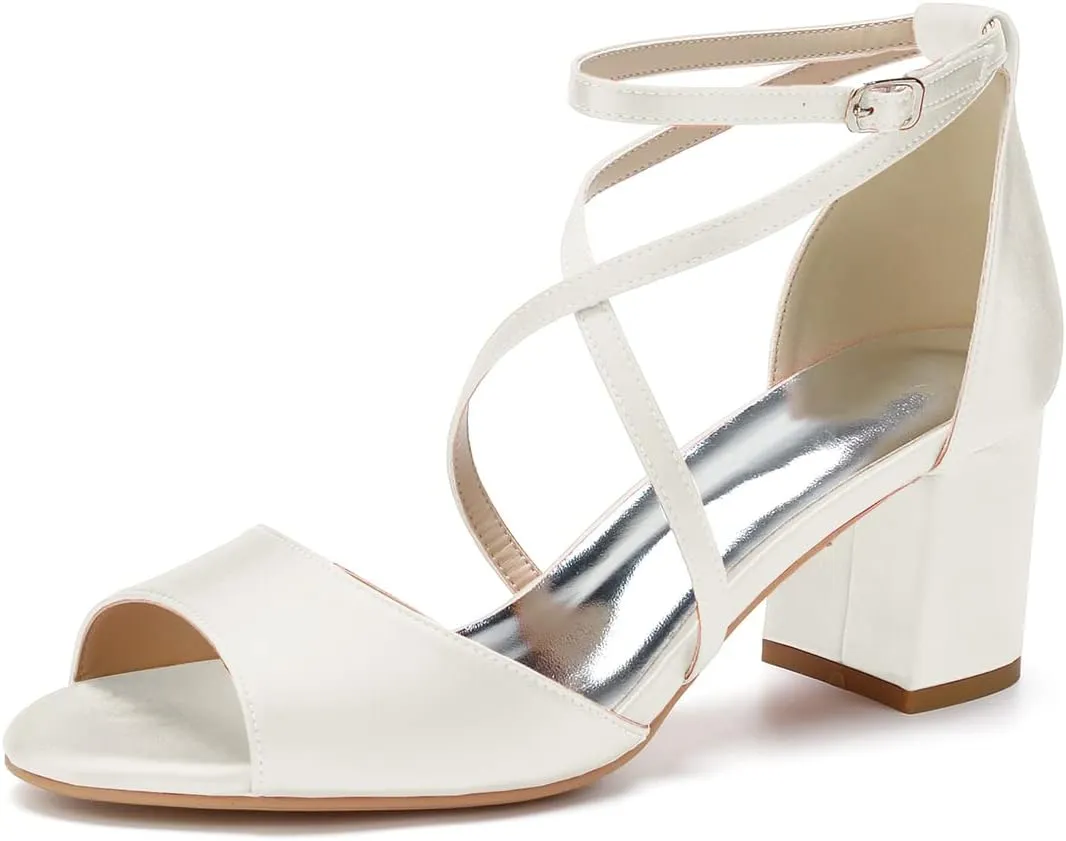 Women's Satin Block Heel Wedding Sandals Peep Toe Sandals for Women Cross Strap Evening Dressy Bridal Shoes for Women