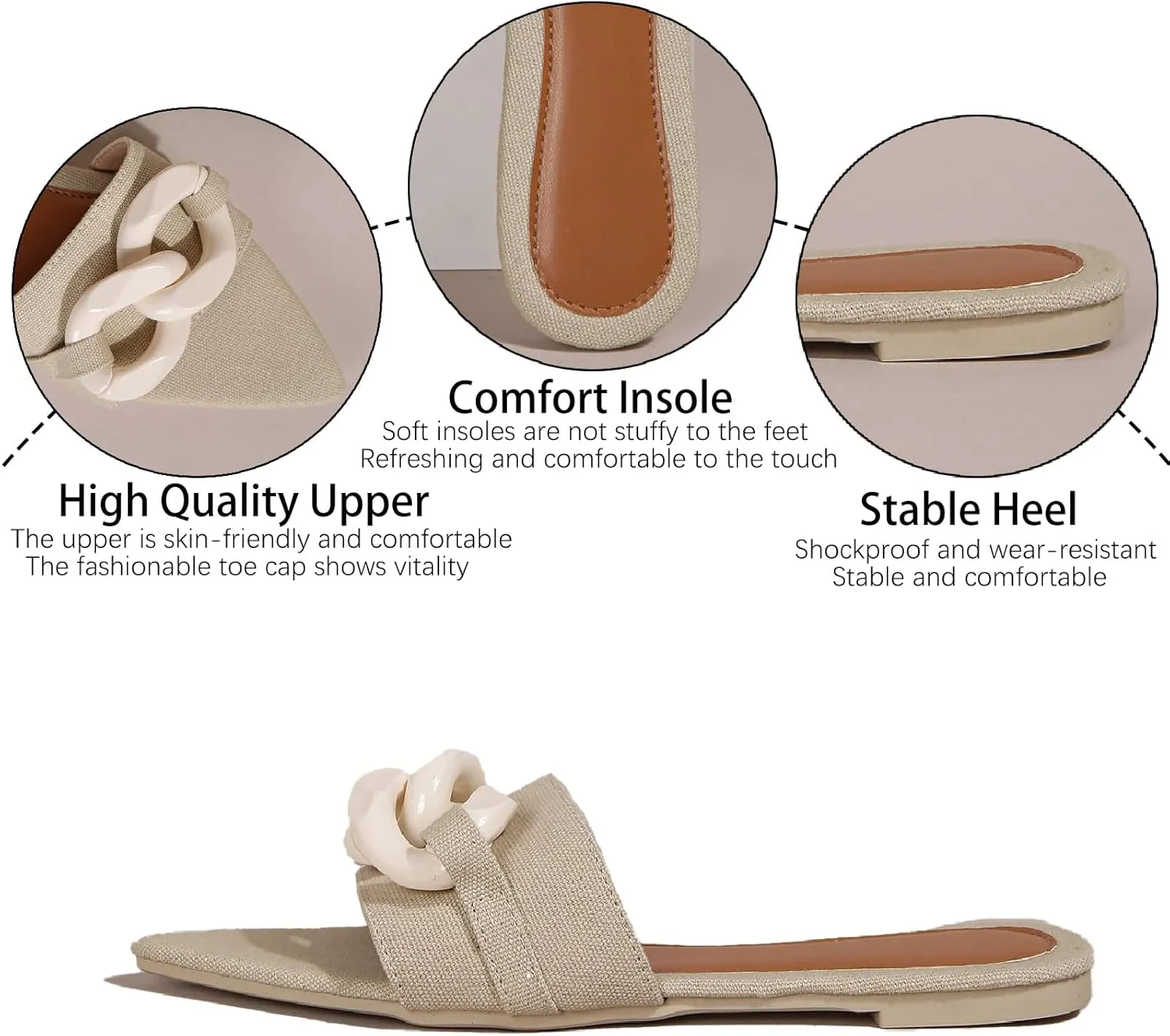 Women's Satin Chain Decor Slides Sandals Fashion Comfortable Leather Open Pointed Toe Slip On Walking Slippers for Daily Pool Party Beach Sandals