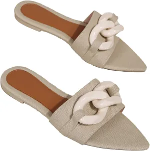 Women's Satin Chain Decor Slides Sandals Fashion Comfortable Leather Open Pointed Toe Slip On Walking Slippers for Daily Pool Party Beach Sandals