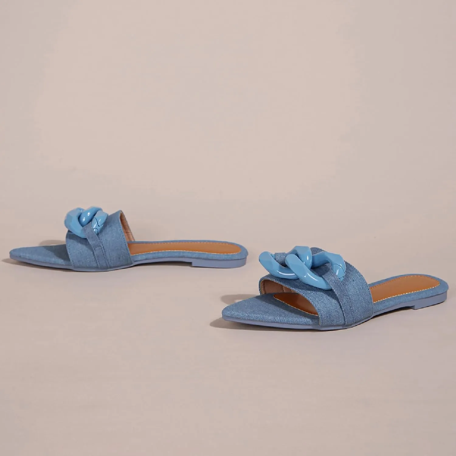 Women's Satin Chain Decor Slides Sandals Fashion Comfortable Leather Open Pointed Toe Slip On Walking Slippers for Daily Pool Party Beach Sandals