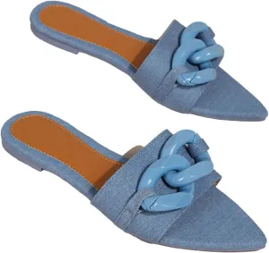 Women's Satin Chain Decor Slides Sandals Fashion Comfortable Leather Open Pointed Toe Slip On Walking Slippers for Daily Pool Party Beach Sandals