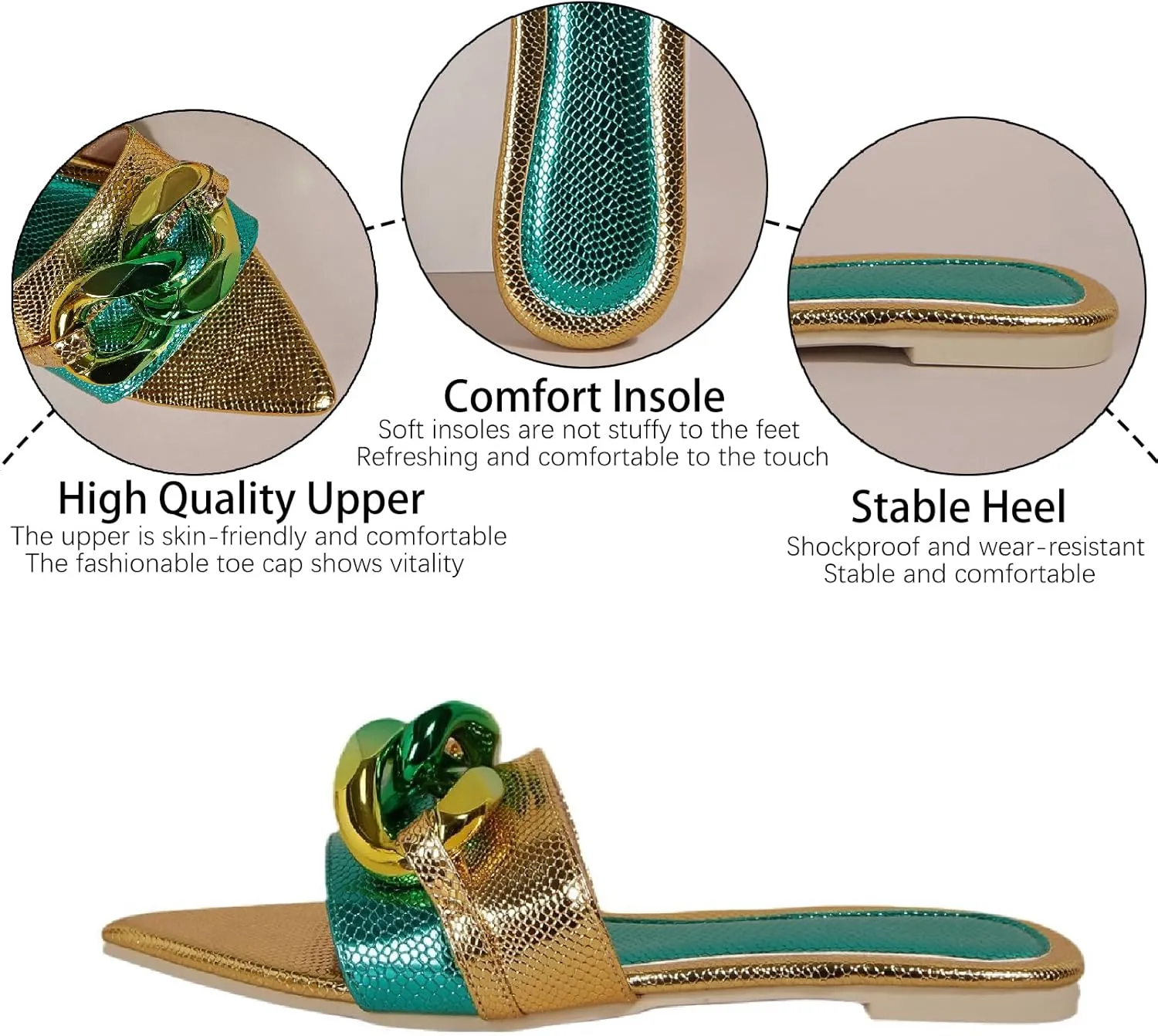 Women's Satin Chain Decor Slides Sandals Fashion Comfortable Leather Open Pointed Toe Slip On Walking Slippers for Daily Pool Party Beach Sandals