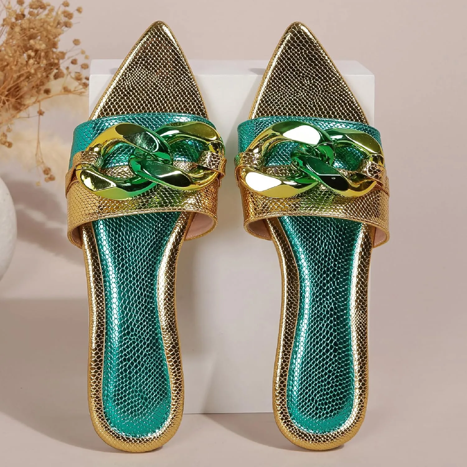 Women's Satin Chain Decor Slides Sandals Fashion Comfortable Leather Open Pointed Toe Slip On Walking Slippers for Daily Pool Party Beach Sandals