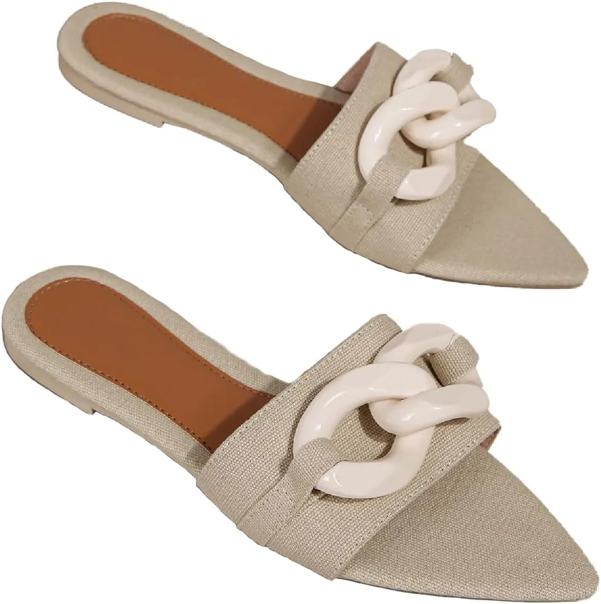 Women's Satin Chain Decor Slides Sandals Fashion Comfortable Leather Open Pointed Toe Slip On Walking Slippers for Daily Pool Party Beach Sandals