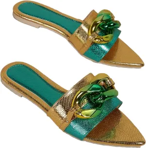 Women's Satin Chain Decor Slides Sandals Fashion Comfortable Leather Open Pointed Toe Slip On Walking Slippers for Daily Pool Party Beach Sandals