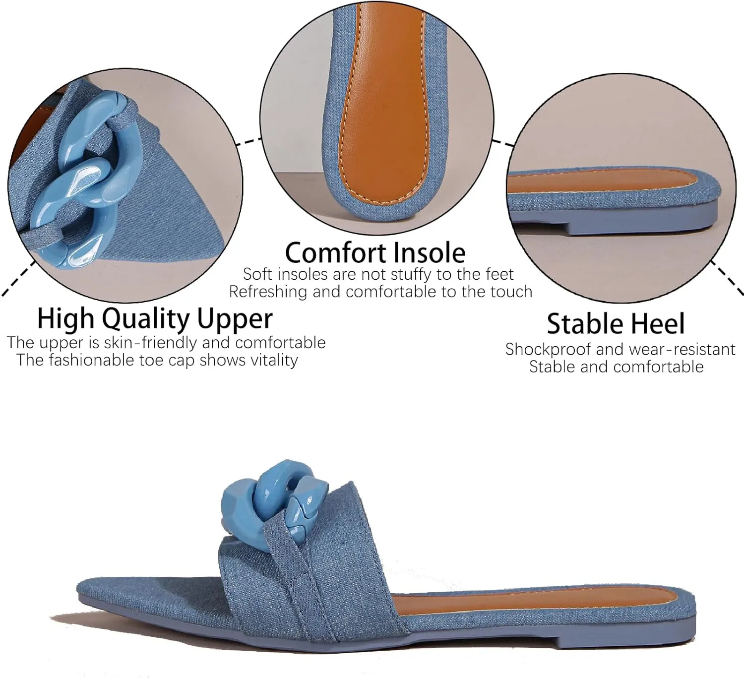 Women's Satin Chain Decor Slides Sandals Fashion Comfortable Leather Open Pointed Toe Slip On Walking Slippers for Daily Pool Party Beach Sandals