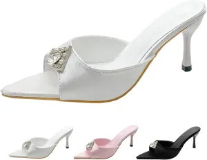 Women's Satin Rhinestone Pointed Open Toe Kitten Heel Slip On Mule Sandals Sexy Stiletto Backless Comfortable Non-slip Sandals Summer Party Prom Wedding Dress Slippers