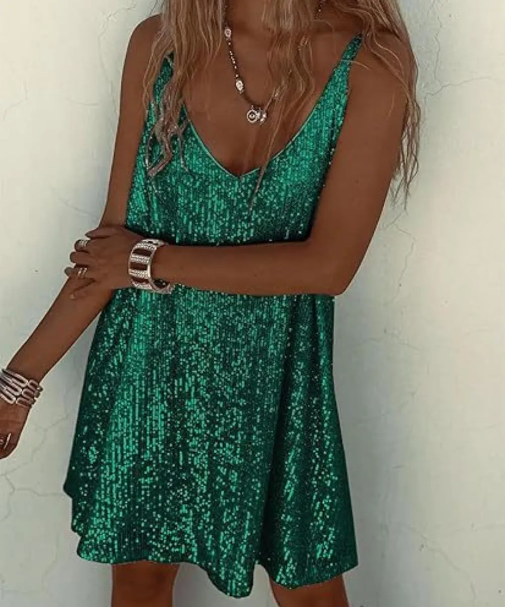 Women's Sequined Dress Sparkly Glitter Party Dress V Neck Clubwear Lightweight Breathable for Weddings Night Events