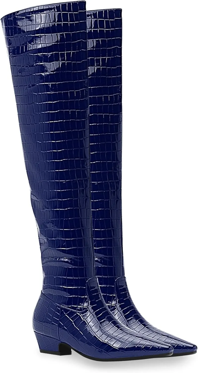 Women's Sexy Crocodile Over The Knee High Boots Low Heel Long Fall Boots