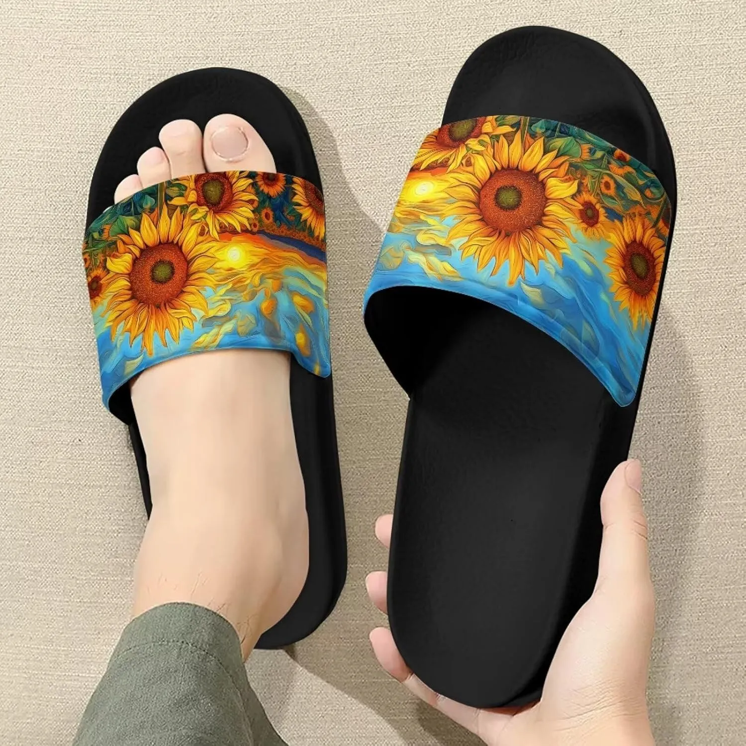 Women's Slide Sandals Soft-Soled Non-Slip Open-Toed Slippers Beach Shoes Wide Design Water-Friendly Black Size 6-13.5