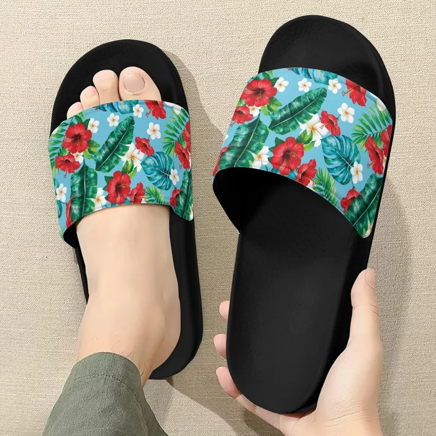 Women's Slide Sandals Soft-Soled Non-Slip Open-Toed Slippers Beach Shoes Wide Design Water-Friendly Black Size 6-13.5
