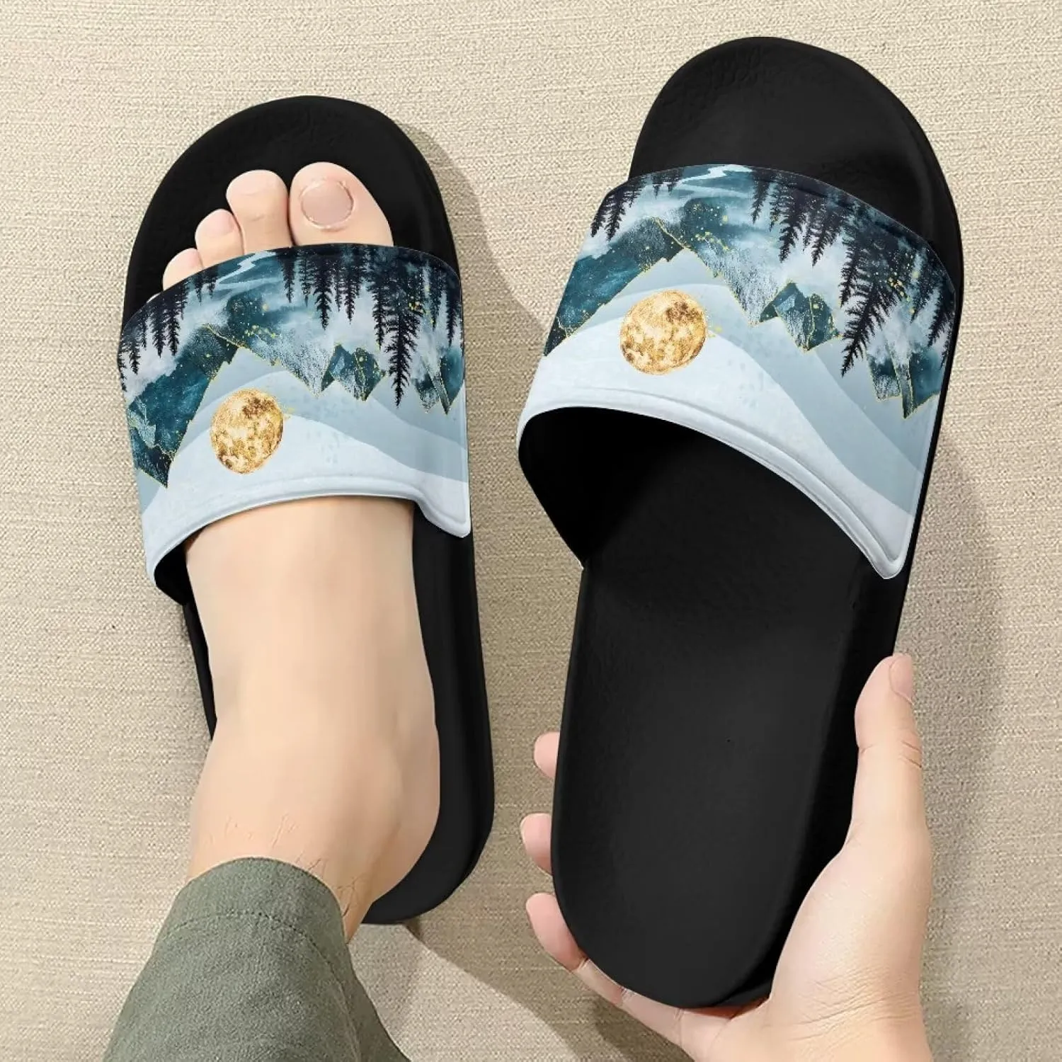 Women's Slide Sandals Soft-Soled Non-Slip Open-Toed Slippers Beach Shoes Wide Design Water-Friendly Black Size 6-13.5