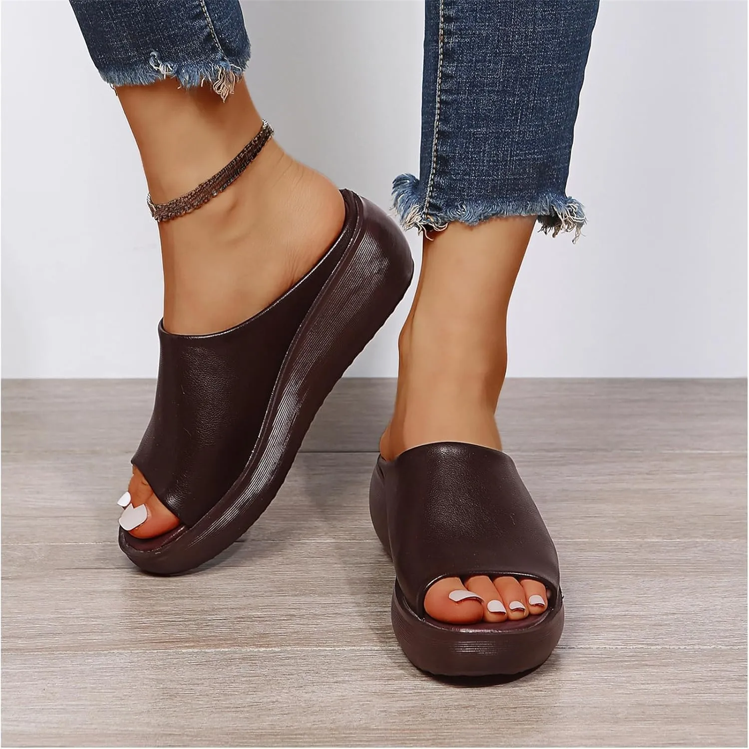 Women's Slip-On Platform Wedge High Heel Sandals Soft Lightweight Casual Open Toe Fish Mouth Summer Beach Walking Slippers