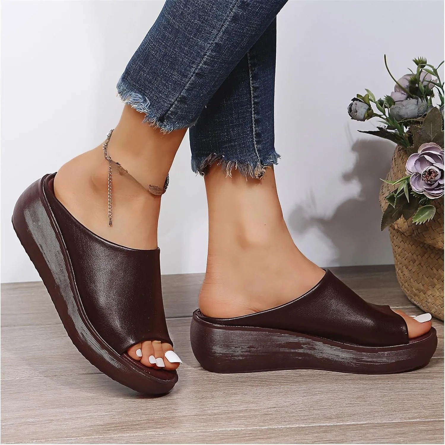 Women's Slip-On Platform Wedge High Heel Sandals Soft Lightweight Casual Open Toe Fish Mouth Summer Beach Walking Slippers