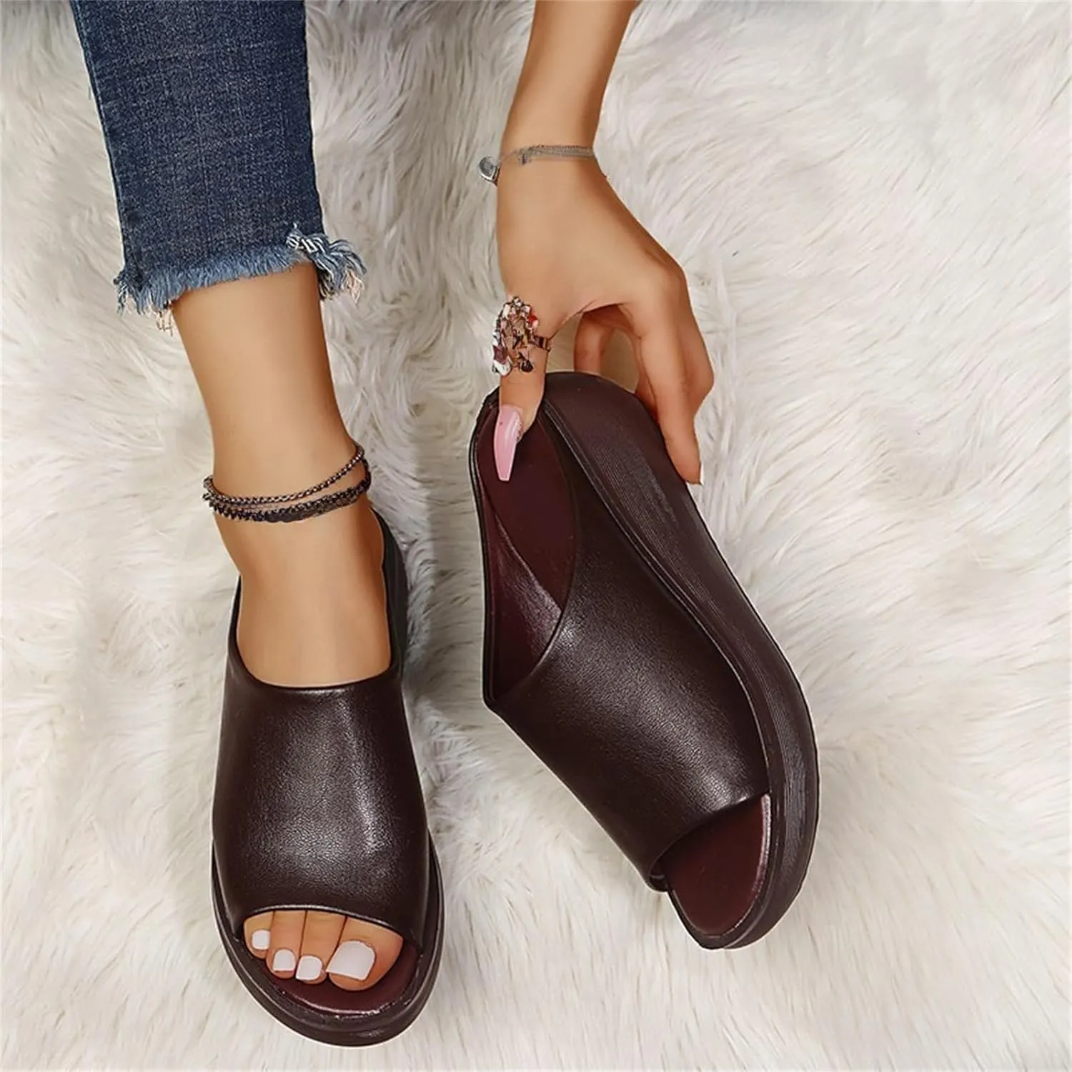 Women's Slip-On Platform Wedge High Heel Sandals Soft Lightweight Casual Open Toe Fish Mouth Summer Beach Walking Slippers