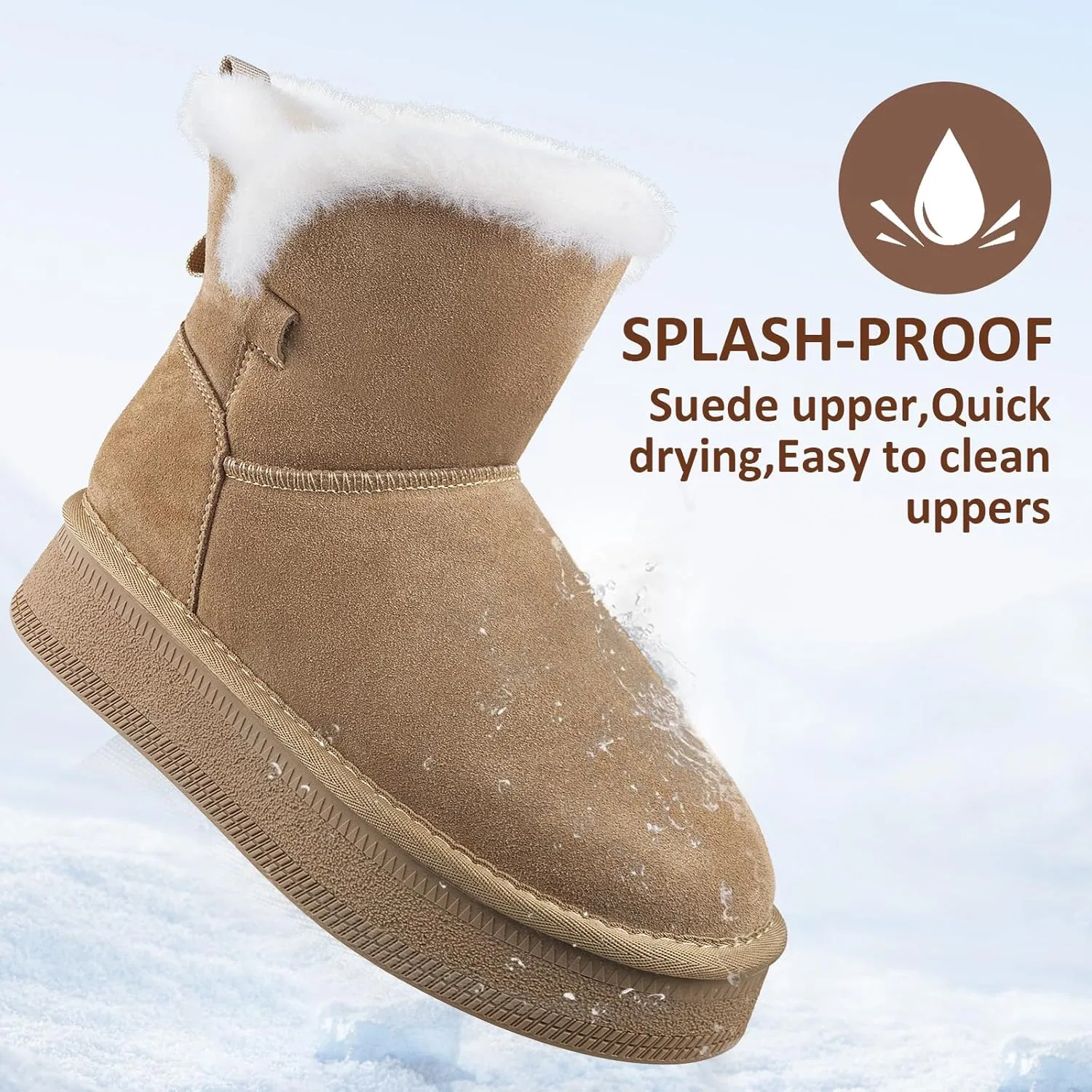 Womens Snow Boots Genuine Suede Faux Fur Lining Warm Lace Up Walking Boots Anti-Slip Cozy Outdoor Ankle Boots