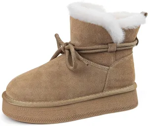 Womens Snow Boots Genuine Suede Faux Fur Lining Warm Lace Up Walking Boots Anti-Slip Cozy Outdoor Ankle Boots