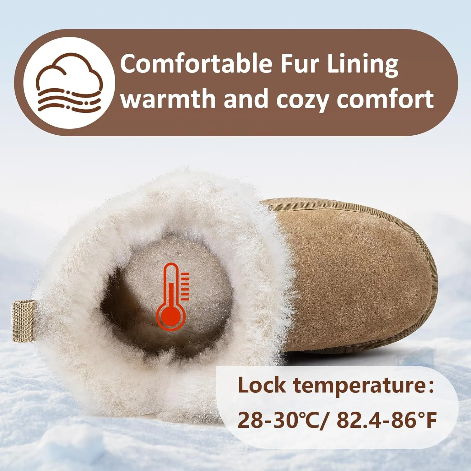Womens Snow Boots Genuine Suede Faux Fur Lining Warm Lace Up Walking Boots Anti-Slip Cozy Outdoor Ankle Boots