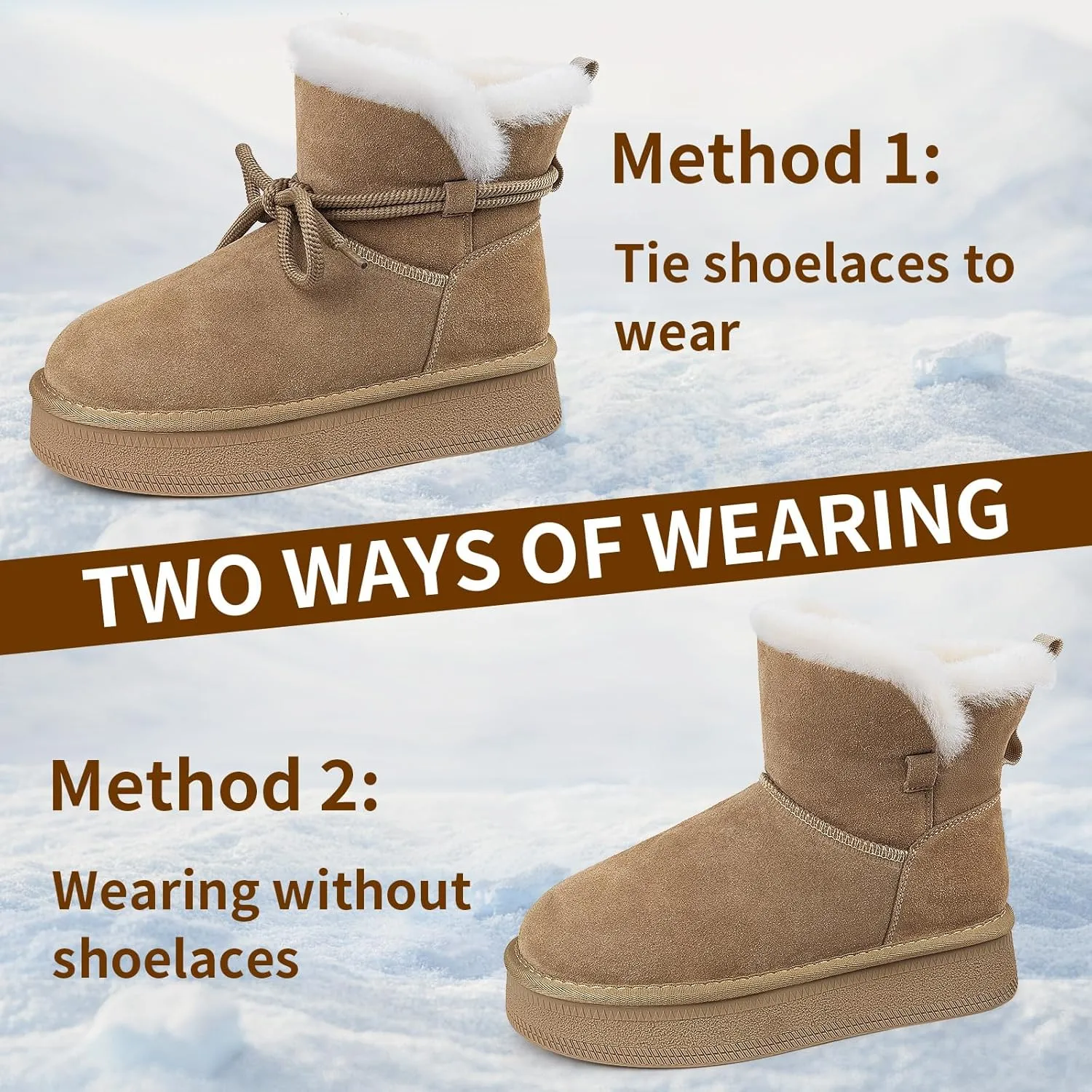 Womens Snow Boots Genuine Suede Faux Fur Lining Warm Lace Up Walking Boots Anti-Slip Cozy Outdoor Ankle Boots