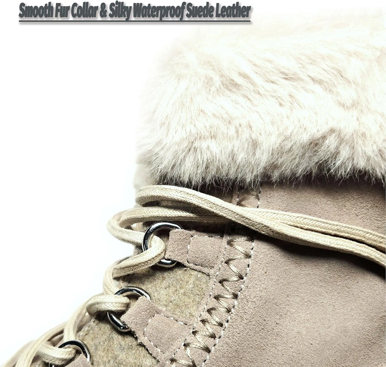 Women's Snow Boots：Premium Insulation，Waterproof Silky Suede Leather，Faux Fur Collar，Polar Fleece Lining，Lightweight，Anti-slip Outsole.