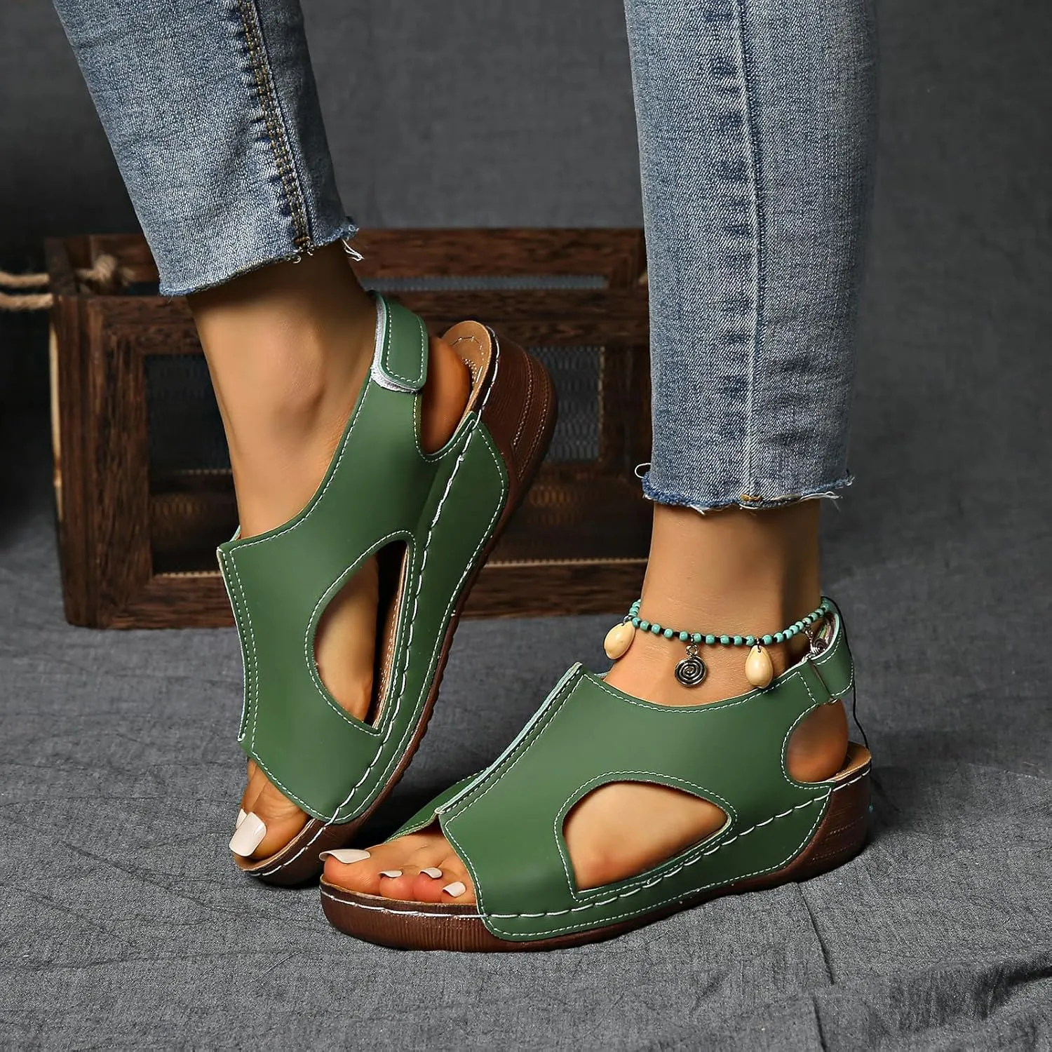 Women's Solid Color Wedge Sandals, Casual and Versatile Open-Toe Simple Thick Sole Shoes, Summer Comfortable Hollowed-Out Barefoot Strap Beach Sandals