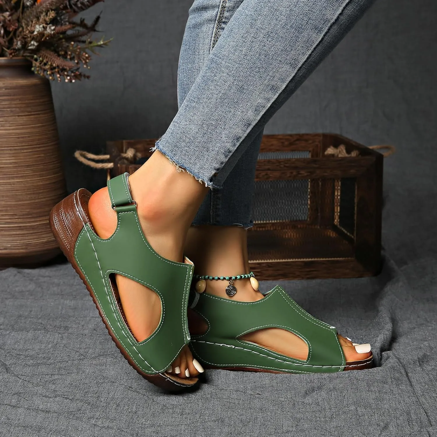 Women's Solid Color Wedge Sandals, Casual and Versatile Open-Toe Simple Thick Sole Shoes, Summer Comfortable Hollowed-Out Barefoot Strap Beach Sandals
