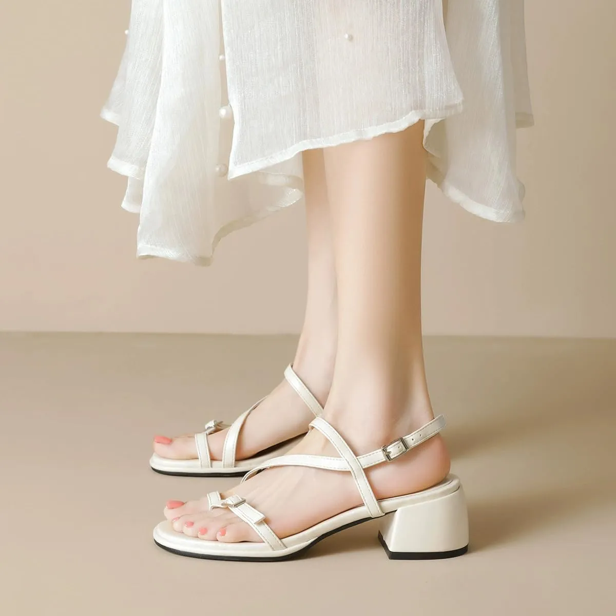 Womens Strappy Clip toe Chunky Low Heel Sandals with Adjustable Buckle Round Toe Slingback Lightweight Non Slip Roman Sandals Summer Sexy Party Dress Shoes for Women