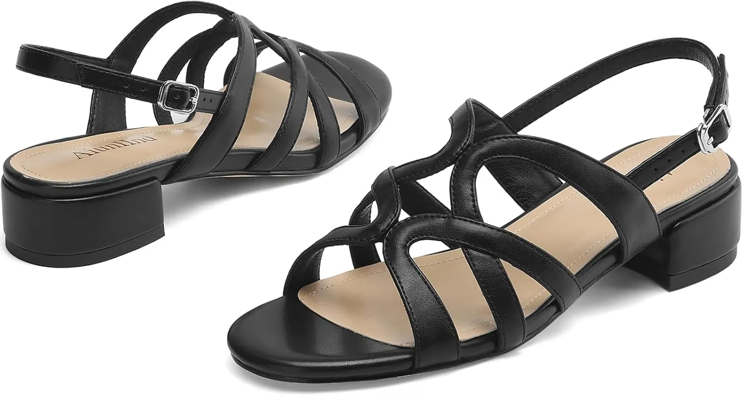 Women's Strappy Sandals Square Open Toe Low Block Heels Ankle Strap Heel for Women Dress Shoes