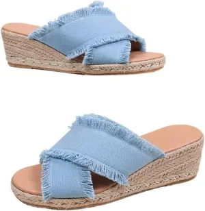 Women's Straw Wedge Sandals Fashion Cross Canvas Slip-on Slipper Hemp Rope Platform Summer Beach Shoes Ladies Comfy Non-Slip Lightweight Sandals