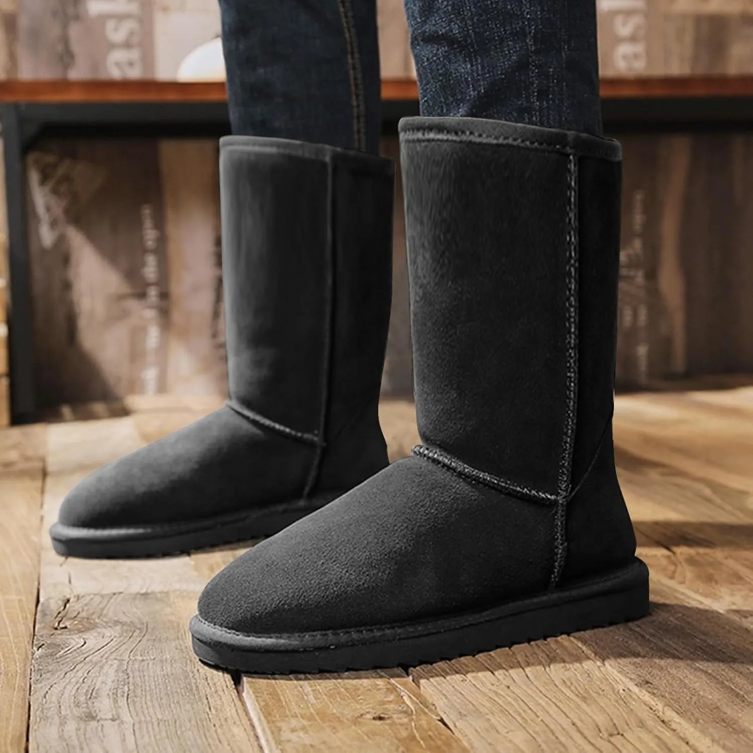 Women's Tall Boots Genuine Suede Winter Tall Boots for Womens Fur Lining Memory Foam Winter Snow Boots Waterproof