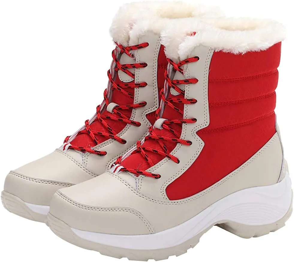 Women's Thermal Mid-Calf Snow Boots Waterproof Platform Lace-Up Winter Outdoor Shoes