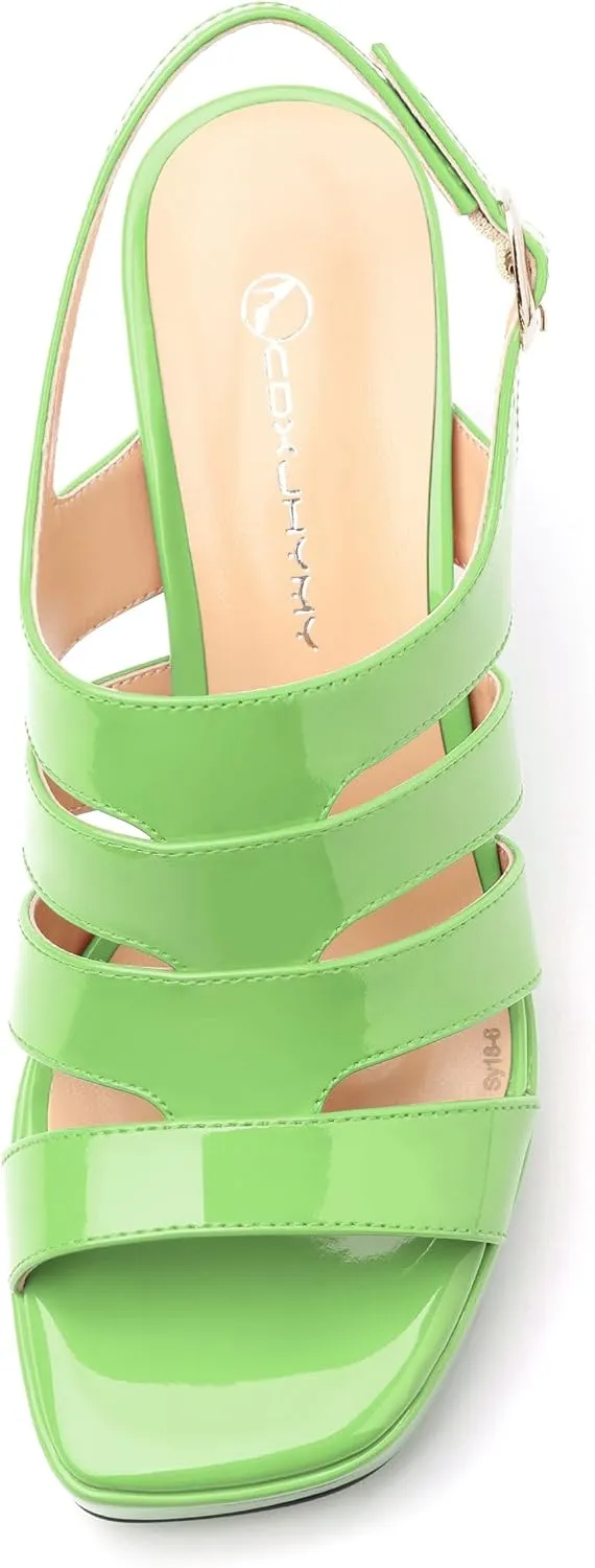Women's thick soled sandals, square open toe thick heel women's ankle strap sandals, buckle leather insole sandals 3.3 inches, sexy thick heel sandals