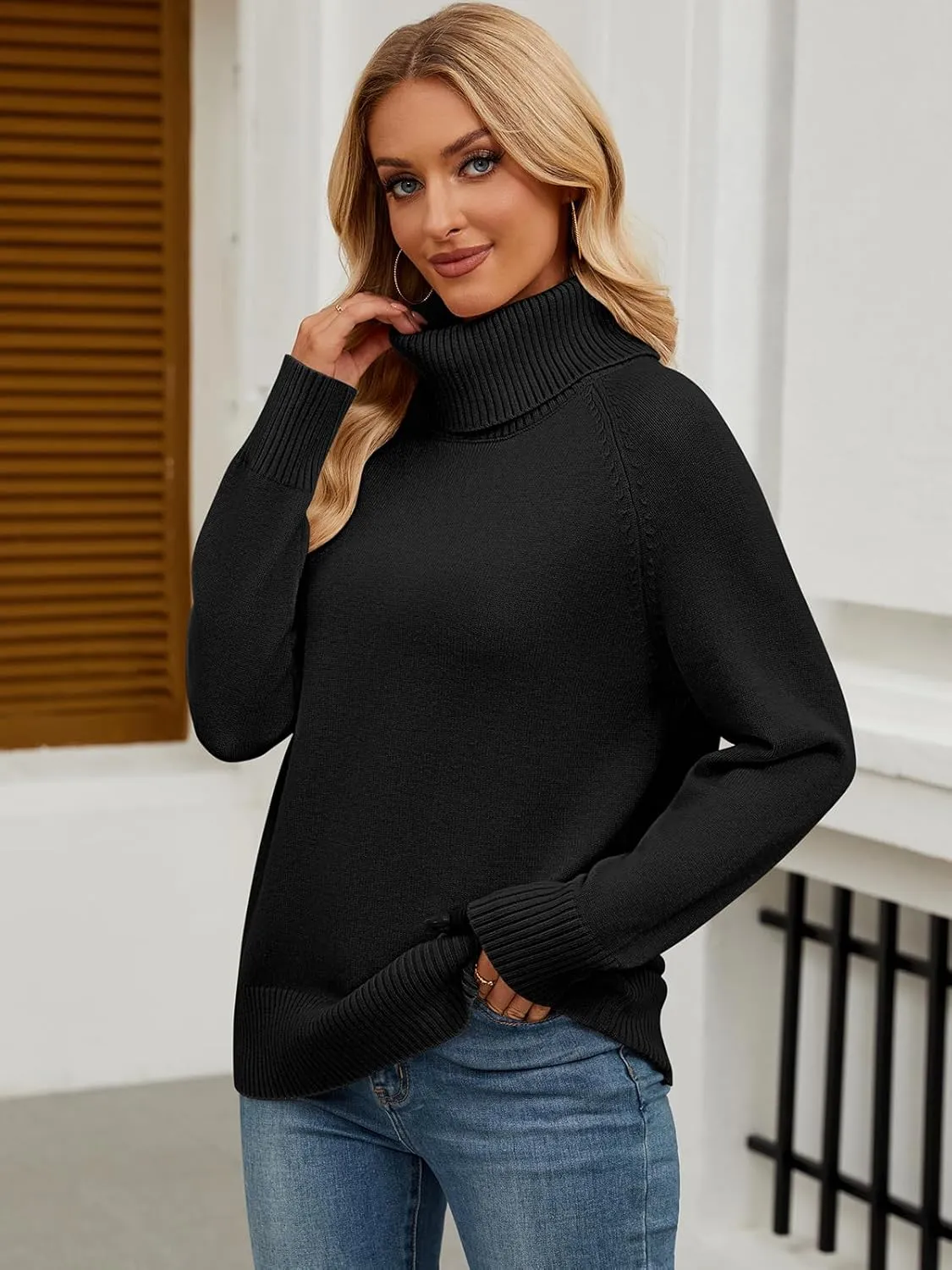 Womens Turtleneck Sweater Long Sleeve Knitted Soft Pullovers Top Rib Hem Oversized Fall Winter Top 2024 Trendy