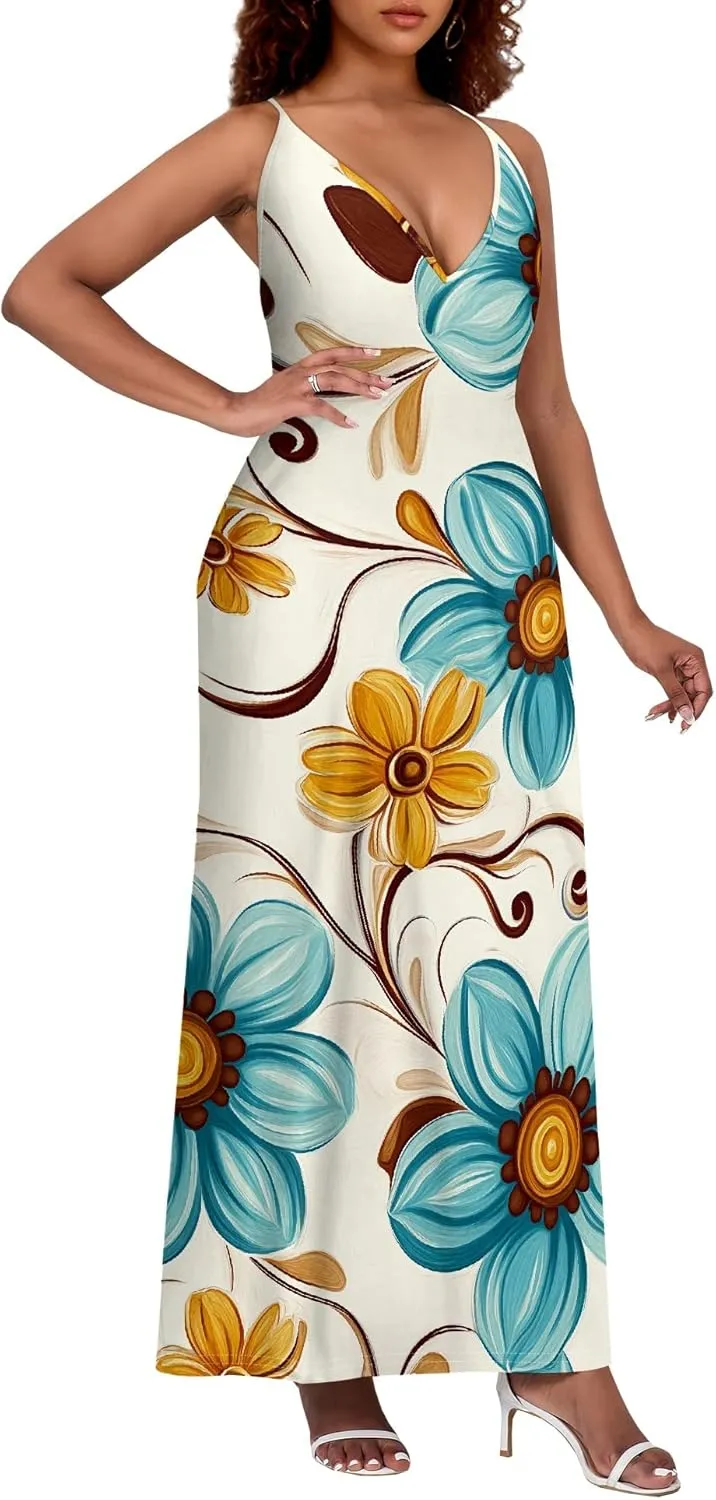 Womens V Neck Casual Outfits Long Flowy Floral Print Maxi Dresses Vacation Beach Cover ups Wedding Guests Sun Dress