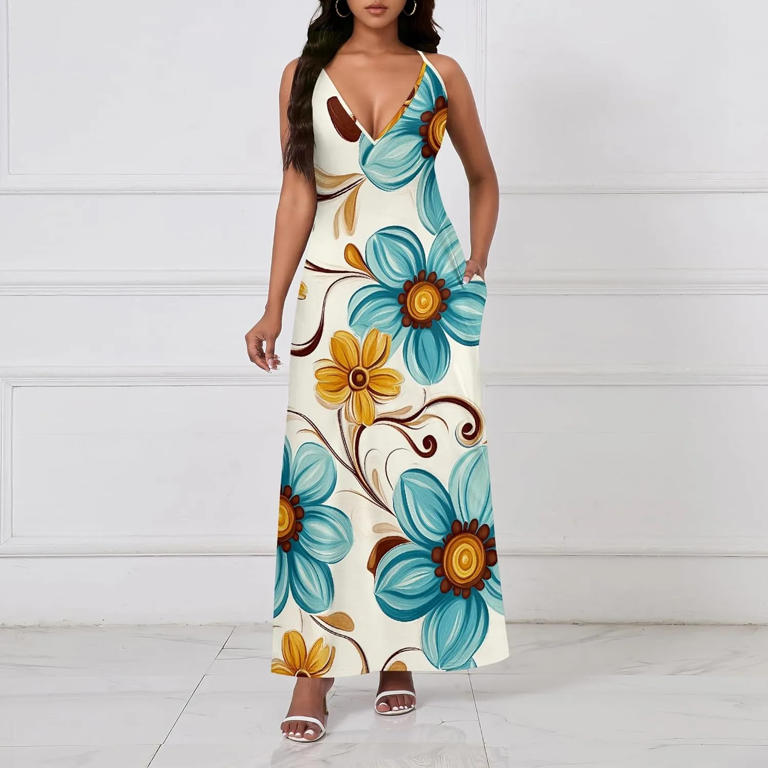 Womens V Neck Casual Outfits Long Flowy Floral Print Maxi Dresses Vacation Beach Cover ups Wedding Guests Sun Dress