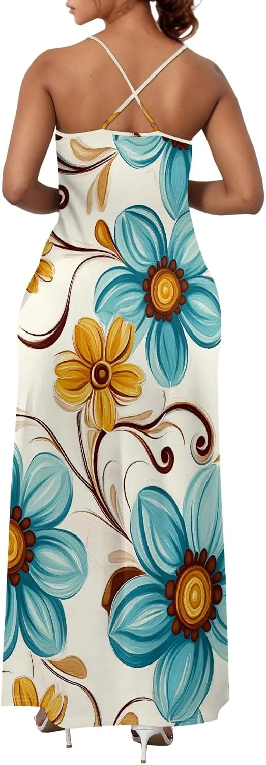 Womens V Neck Casual Outfits Long Flowy Floral Print Maxi Dresses Vacation Beach Cover ups Wedding Guests Sun Dress
