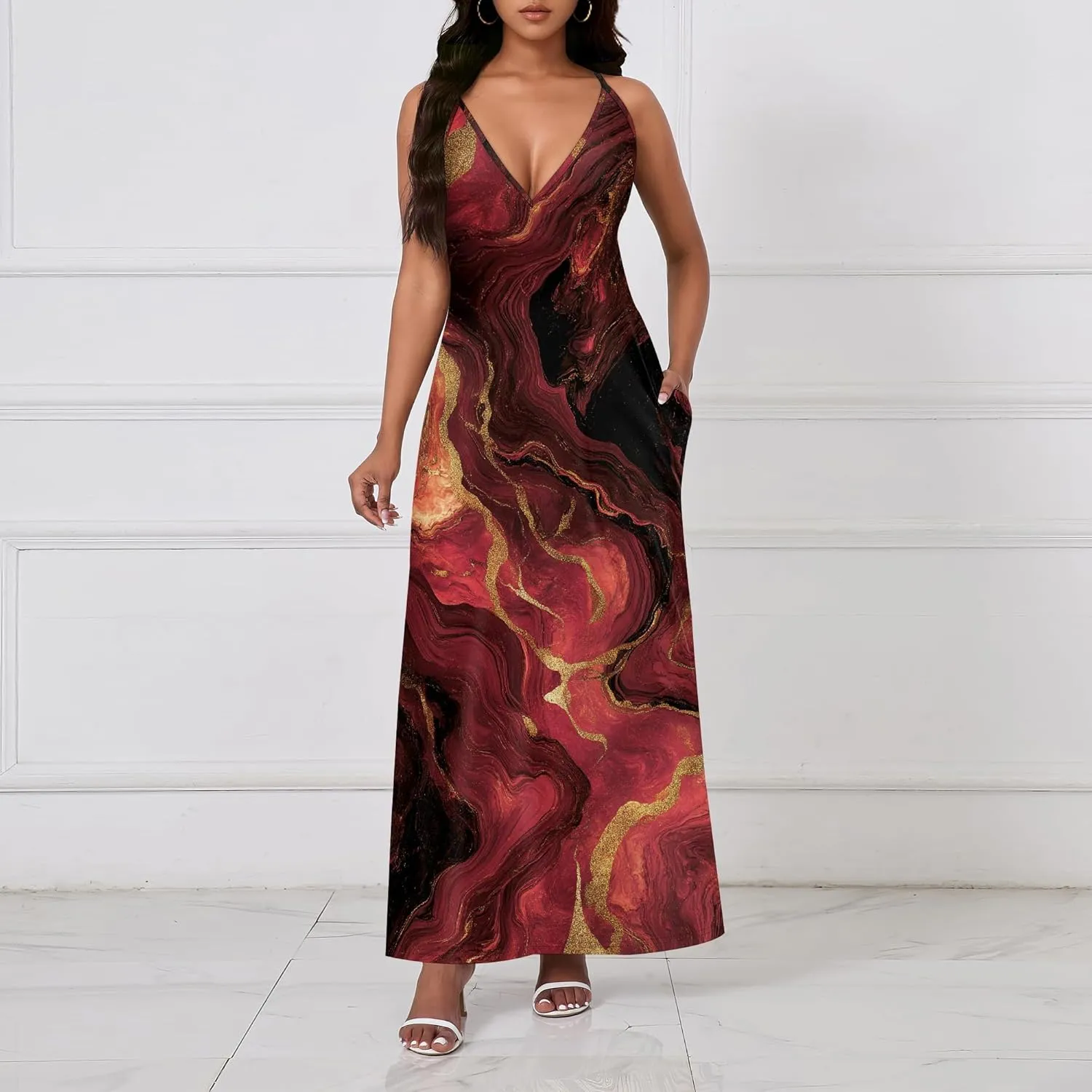 Womens V Neck Casual Outfits Long Flowy Floral Print Maxi Dresses Vacation Beach Cover ups Wedding Guests Sun Dress