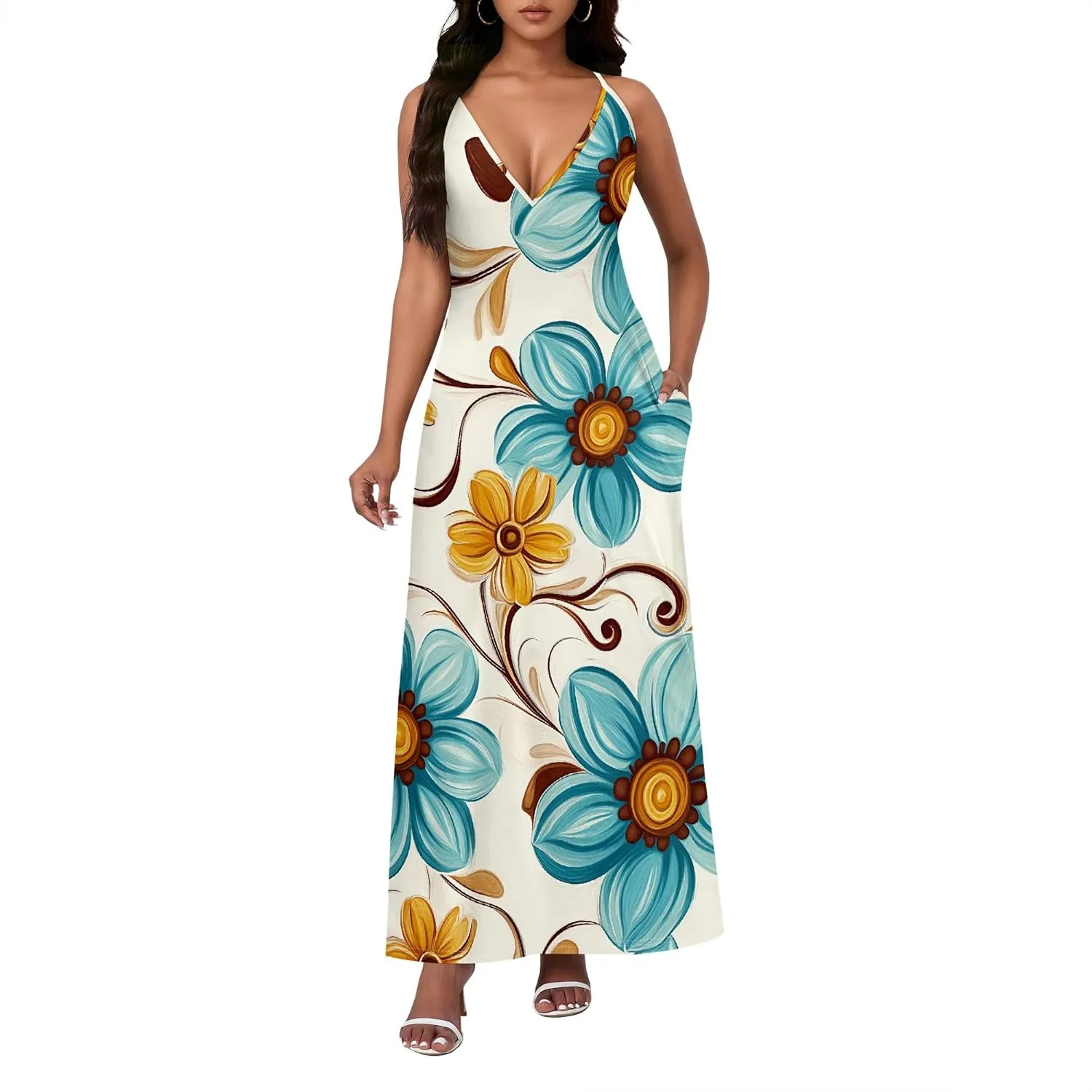 Womens V Neck Casual Outfits Long Flowy Floral Print Maxi Dresses Vacation Beach Cover ups Wedding Guests Sun Dress