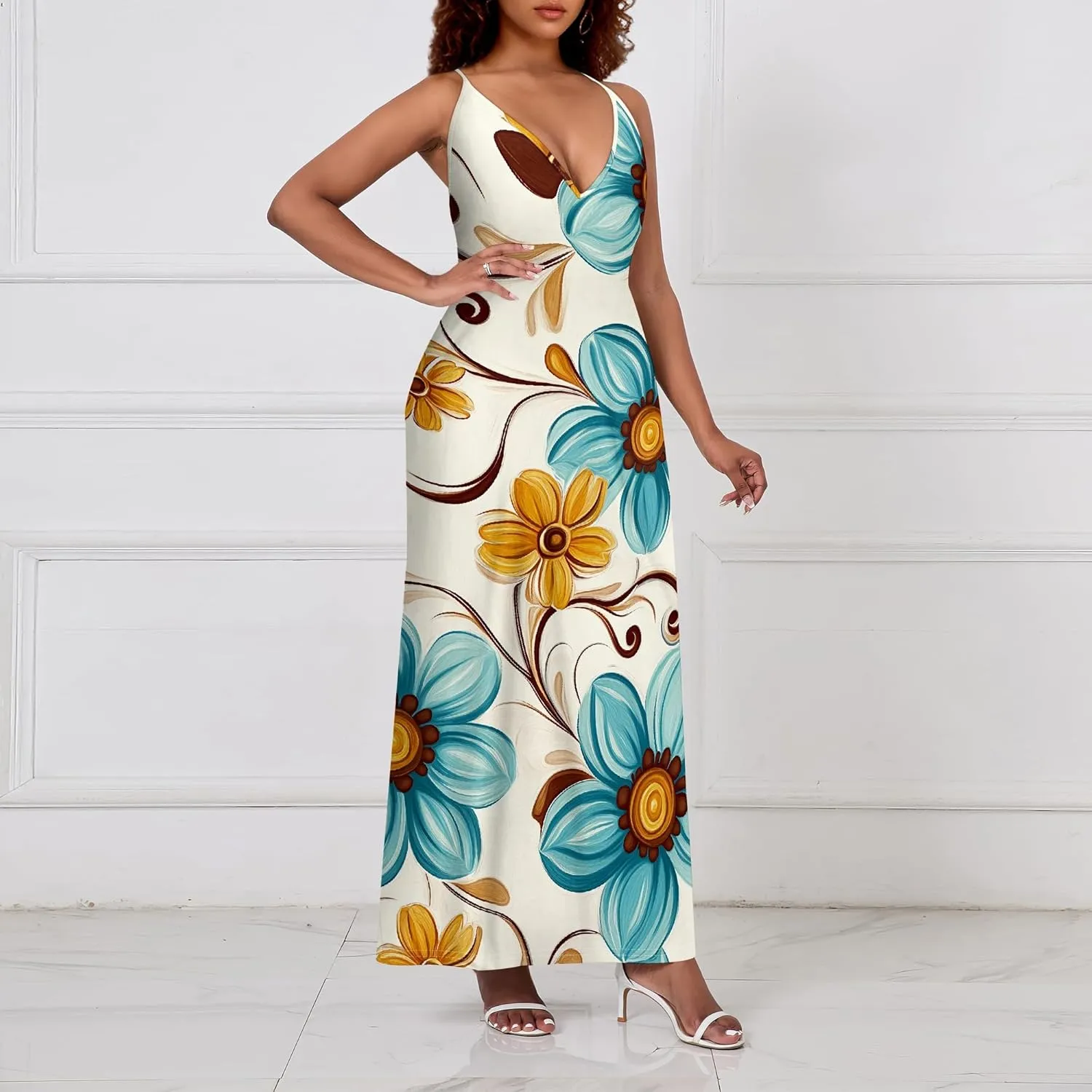 Womens V Neck Casual Outfits Long Flowy Floral Print Maxi Dresses Vacation Beach Cover ups Wedding Guests Sun Dress