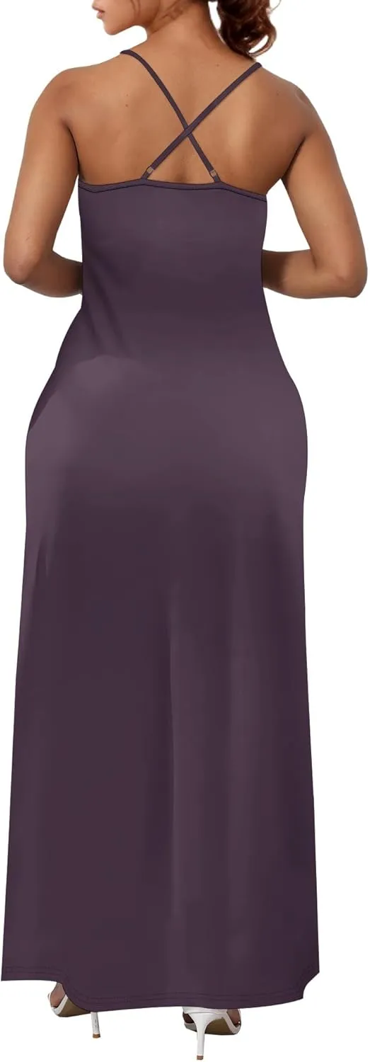 Womens V Neck Casual Outfits Long Flowy Solid Color Maxi Dresses Vacation Beach Cover ups Wedding Guests Sun Dress