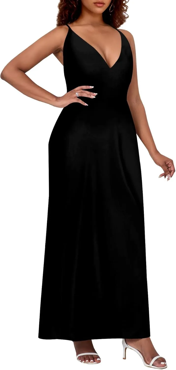 Womens V Neck Casual Outfits Long Flowy Solid Color Maxi Dresses Vacation Beach Cover ups Wedding Guests Sun Dress